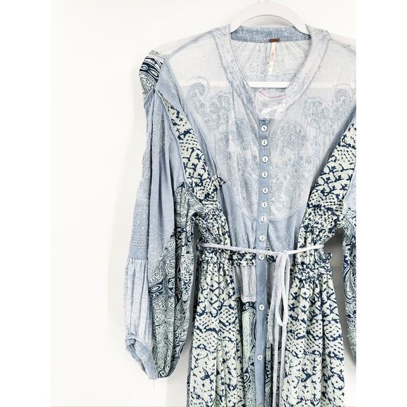 Free People Oh My Blue Mix Print Long Sleeve Button Front Midi Dress Size Small - Picture 3 of 7